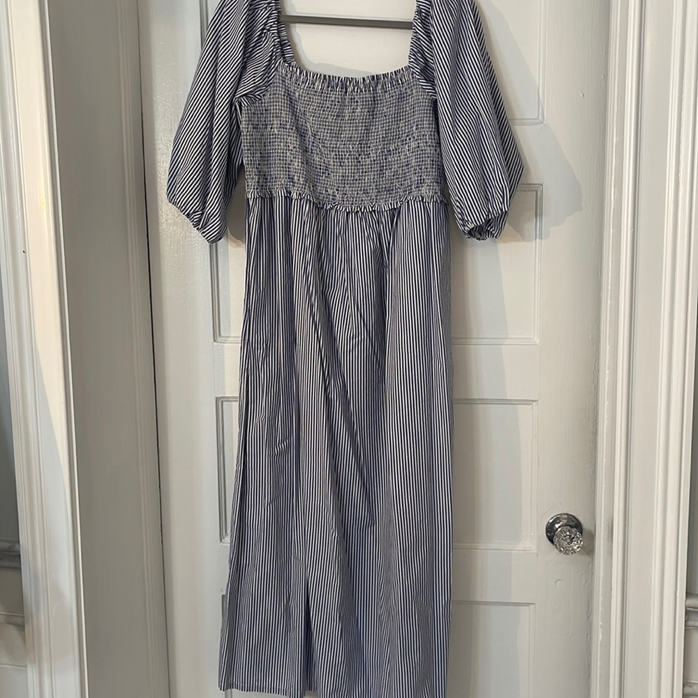 Blue Stripe Smocked Midi Dress
